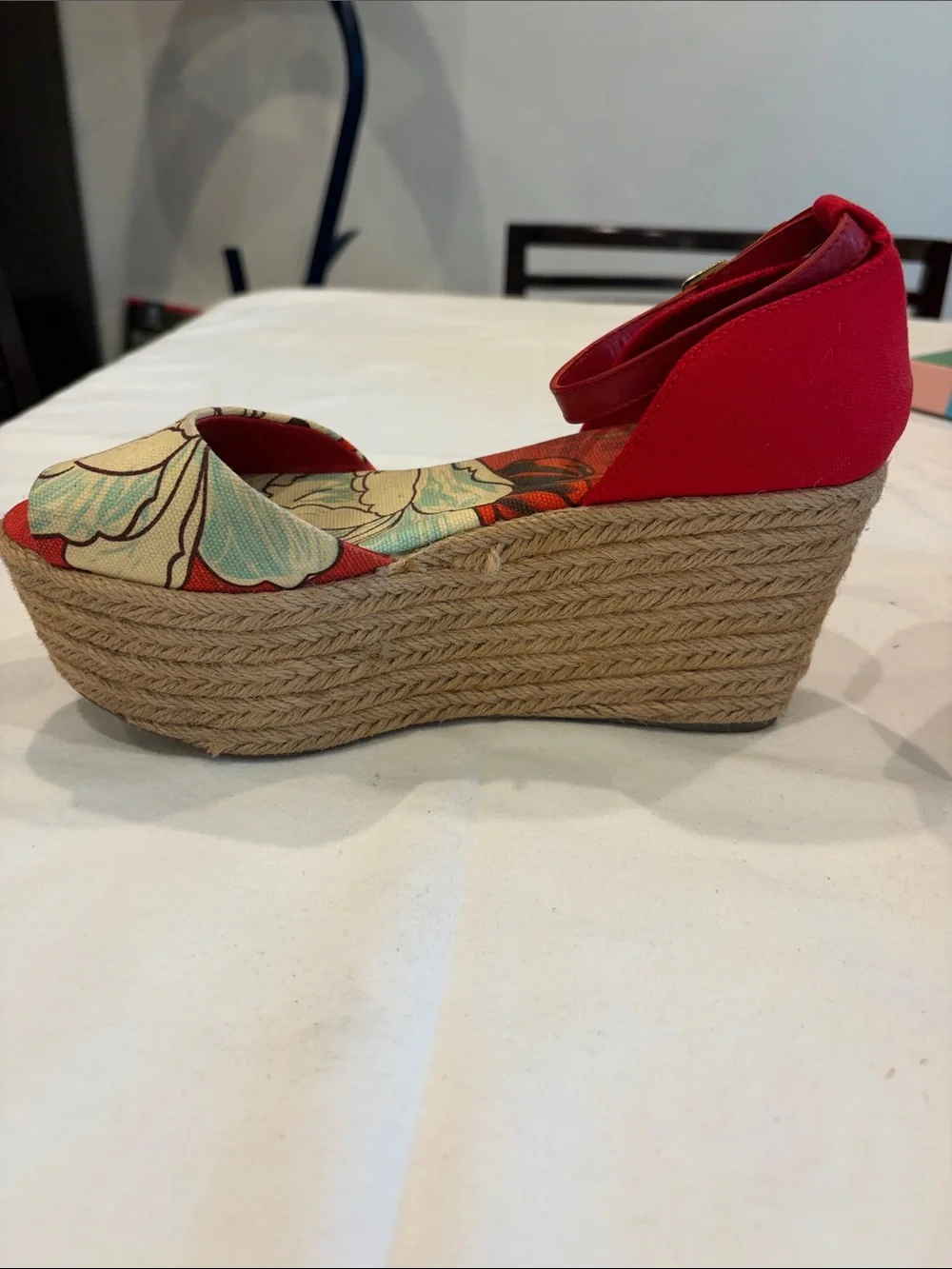 Tory Burch Red Floral Espadrille Wedge Sandals - Women Sz 8.5